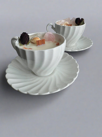 Vintage white Tea Cup Candle with abalone shell