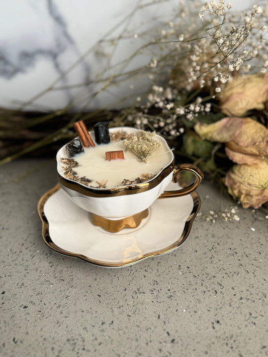 Vintage gold tea cup candle with saucer