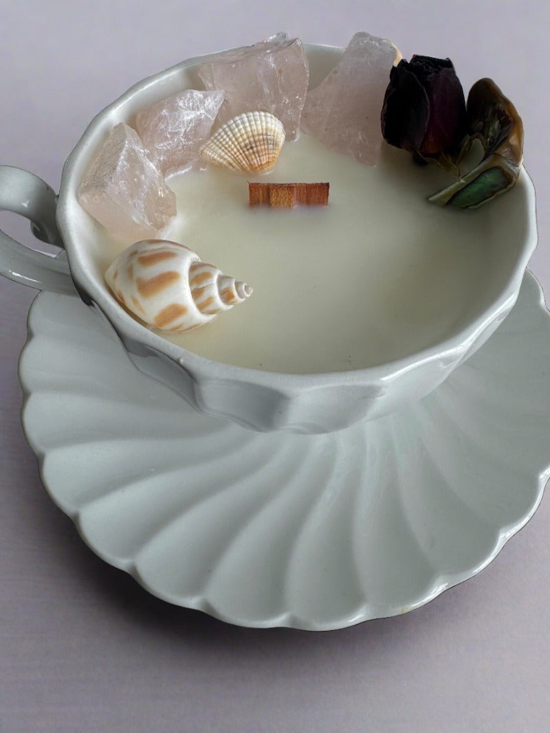 Vintage white Tea Cup Candle with abalone shell