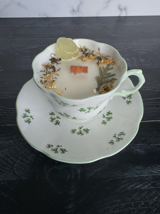 Pretty Shamrock Cup And Saucer Candle