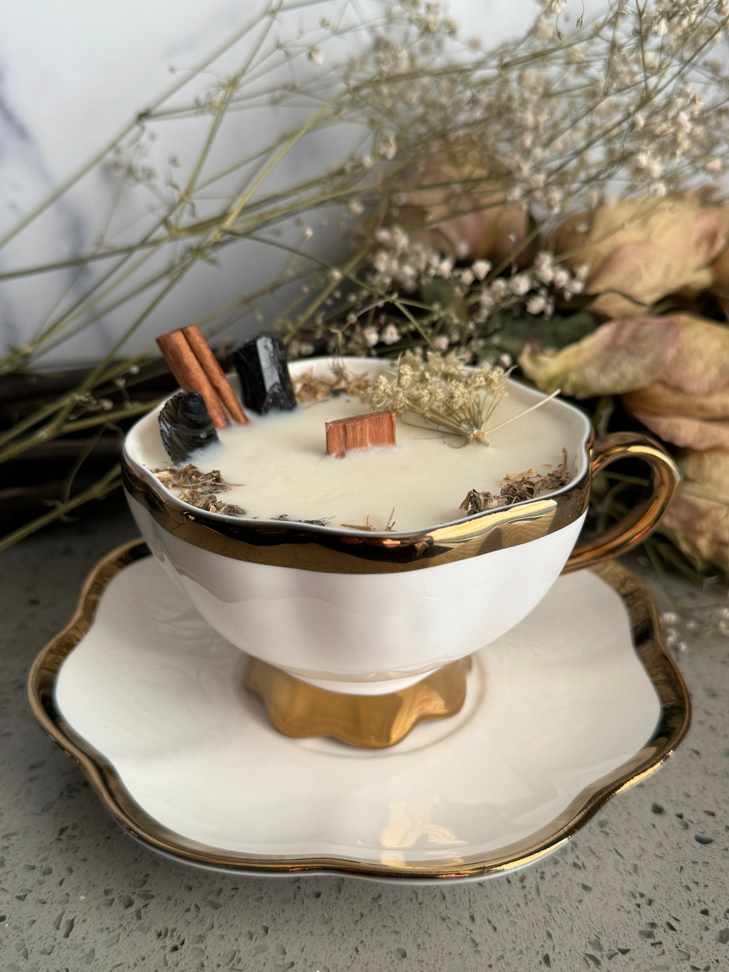 Vintage gold tea cup candle with saucer