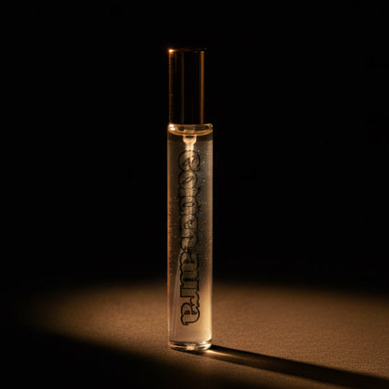 Small glass bottle with a gold cap on a marble surface Golden Aura Perfume Mist